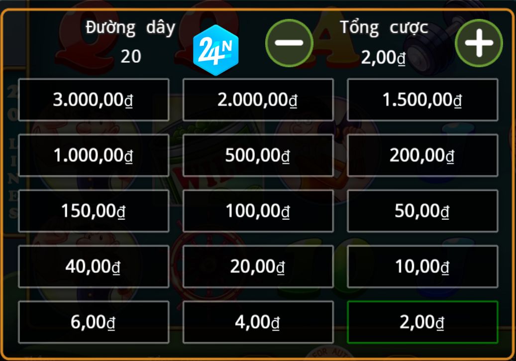 Người chơi có thể tùy chỉnh mức cược theo ý muốn trong trò chơi slot machine sailorman trên 24N